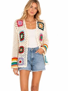 Granny Square Boho Crochet Cardigan Cream Patchwork Size L